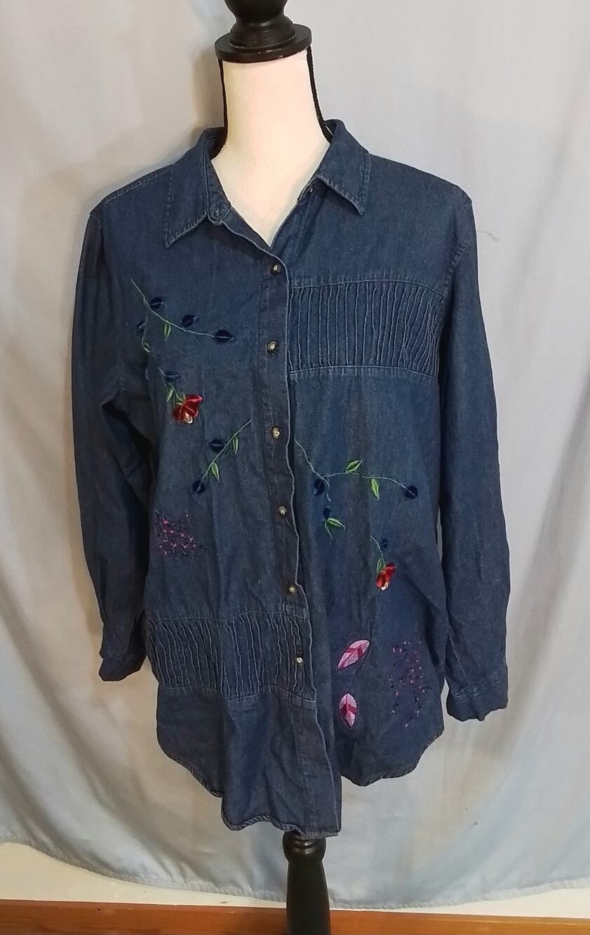 Bobbie Brooks denim shirt with vivid floral embroidery